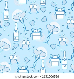 Vector seamless pattern Happy Valentine's Day, Wedding, Birthday, Wedding, Mother's day Father's day Heart shaped balloon, bottle, glasses, hearts, gift. Romantic background Feelings Love Relationship