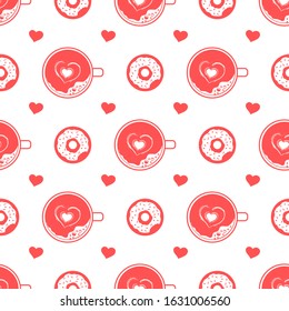 Vector seamless pattern Happy Valentine's Day, Birthday, Wedding Mother's day Father's day Heart, donut, cup of coffee with foam Romantic background Feelings Love Relationship Design for fabric, print