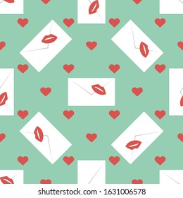 Vector seamless pattern Happy Valentine's Day. Envelope with lipstick kiss, hearts. Love letter. Romantic background Wedding, romance, feelings Relationship concept Design for packaging, fabric, print