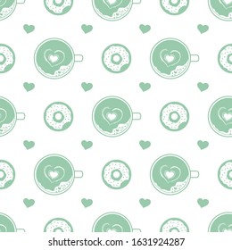 Vector seamless pattern Happy Valentine's Day, Birthday, Wedding Mother's day Father's day Heart, donut, cup of coffee with foam Romantic background Feelings Love Relationship Design for fabric, print