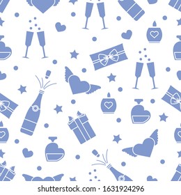 Vector seamless pattern Happy Valentine's Day, Birthday, Wedding, Mother's day Gifts, glasses, bottle, perfume, candle, wings, hearts Romantic background Relationship concept. Design for fabric, print
