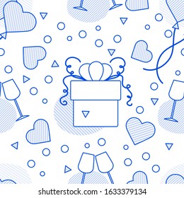Vector seamless pattern Happy Valentine's Day, Wedding, Birthday, Wedding, Mother's day Father's day. Glasses, hearts, gift. Romantic background. Feelings Love Relationship. Design for fabric, print