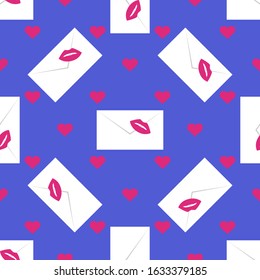 Vector seamless pattern Happy Valentine's Day. Envelope with lipstick kiss, hearts. Love letter. Romantic background Wedding, romance, feelings Relationship concept Design for packaging, fabric, print