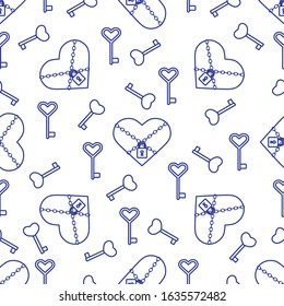 Vector seamless pattern Happy Valentine's Day Heart with chain on the lock, keys. Romantic background. Love, relationship, dating concept. Greeting card. Design for banner, poster or print.