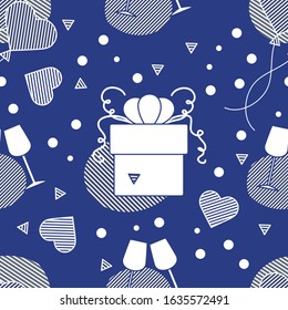 Vector seamless pattern Happy Valentine's Day, Wedding, Birthday, Wedding, Mother's day Father's day. Glasses, hearts, gift. Romantic background. Feelings Love Relationship. Design for fabric, print