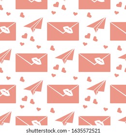 Vector seamless pattern Happy Valentine's Day. Envelope with lipstick kiss, paper airplane, hearts. Love letter. Romantic background. Wedding, feelings. Relationship concept. Design for fabric, print