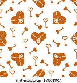 Vector seamless pattern Happy Valentine's Day Heart with chain on the lock, keys. Romantic background. Love, relationship, dating concept. Greeting card. Design for banner, poster or print.