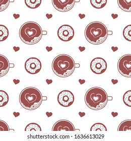 Vector seamless pattern Happy Valentine's Day, Birthday, Wedding Mother's day Father's day Heart, donut, cup of coffee with foam Romantic background Feelings Love Relationship Design for fabric, print