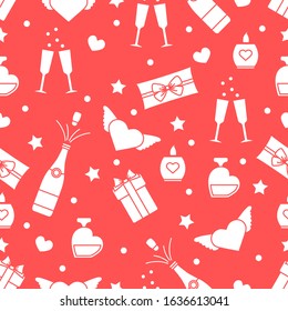 Vector seamless pattern Happy Valentine's Day, Birthday, Wedding, Mother's day Gifts, glasses, bottle, perfume, candle, wings, hearts Romantic background Relationship concept. Design for fabric, print