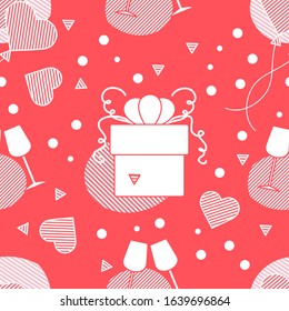 Vector seamless pattern Happy Valentine's Day, Wedding, Birthday, Wedding, Mother's day Father's day. Glasses, hearts, gift. Romantic background. Feelings Love Relationship. Design for fabric, print