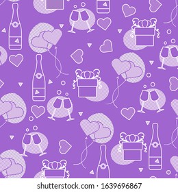 Vector seamless pattern Happy Valentine's Day, Wedding, Birthday, Wedding, Mother's day Father's day Heart shaped balloon, bottle, glasses, hearts, gift. Romantic background Feelings Love Relationship