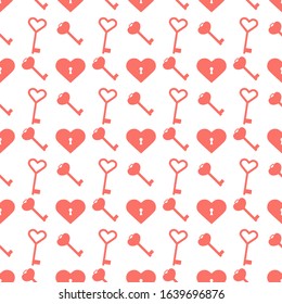 Vector seamless pattern Happy Valentine's Day Heart with keyhole, keys. Romantic background. Love, relationship, dating concept. Greeting card. Design for banner, poster or print.