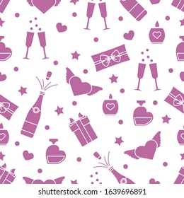 Vector seamless pattern Happy Valentine's Day, Birthday, Wedding, Mother's day Gifts, glasses, bottle, perfume, candle, wings, hearts Romantic background Relationship concept. Design for fabric, print