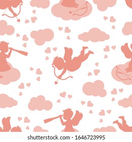 Vector seamless pattern Happy Valentine's Day Cupid shoots bow, angel sits on cloud, looks into a telescope, hearts, arrow Wedding Romance, feelings Love, relationship, dating concept Design for print