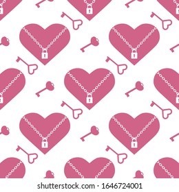 Vector seamless pattern Happy Valentine's Day Heart with chain on the lock, keys. Romantic background. Love, relationship, dating concept. Greeting card. Design for banner, poster or print.