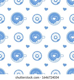 Vector seamless pattern Happy Valentine's Day, Birthday, Wedding Mother's day Father's day Heart, donut, cup of coffee with foam Romantic background Feelings Love Relationship Design for fabric, print