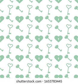 Vector seamless pattern Happy Valentine's Day Heart with keyhole, keys. Romantic background. Love, relationship, dating concept. Greeting card. Design for banner, poster or print.