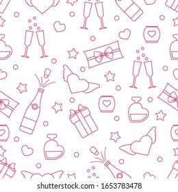 Vector seamless pattern Happy Valentine's Day, Birthday, Wedding, Mother's day Gifts, glasses, bottle, perfume, candle, wings, hearts Romantic background Relationship concept. Design for fabric, print