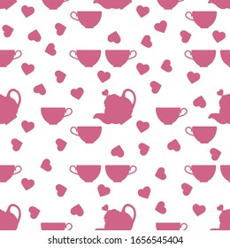 Vector seamless pattern Happy Valentine's Day Kettle, cup of tea, hearts. Romantic background. Love, relationship, dating concept. Greeting card. Design for party card, banner, poster or print.