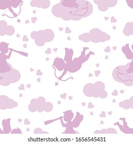 Vector seamless pattern Happy Valentine's Day Cupid shoots bow, angel sits on cloud, looks into a telescope, hearts, arrow Wedding Romance, feelings Love, relationship, dating concept Design for print