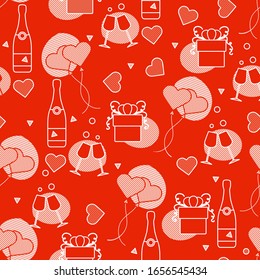 Vector seamless pattern Happy Valentine's Day, Wedding, Birthday, Wedding, Mother's day Father's day Heart shaped balloon, bottle, glasses, hearts, gift. Romantic background Feelings Love Relationship