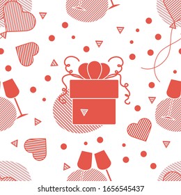 Vector seamless pattern Happy Valentine's Day, Wedding, Birthday, Wedding, Mother's day Father's day. Glasses, hearts, gift. Romantic background. Feelings Love Relationship. Design for fabric, print