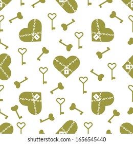 Vector seamless pattern Happy Valentine's Day Heart with chain on the lock, keys. Romantic background. Love, relationship, dating concept. Greeting card. Design for banner, poster or print.
