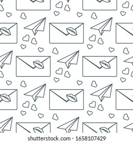 Vector seamless pattern Happy Valentine's Day. Envelope with lipstick kiss, paper airplane, hearts. Love letter. Romantic background. Wedding, feelings. Relationship concept. Design for fabric, print