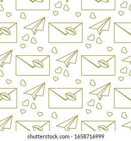 Vector seamless pattern Happy Valentine's Day. Envelope with lipstick kiss, paper airplane, hearts. Love letter. Romantic background. Wedding, feelings. Relationship concept. Design for fabric, print