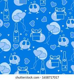 Vector seamless pattern Happy Valentine's Day, Wedding, Birthday, Wedding, Mother's day Father's day Heart shaped balloon, bottle, glasses, hearts, gift. Romantic background Feelings Love Relationship