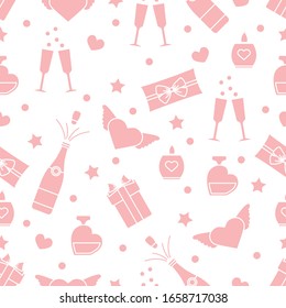 Vector seamless pattern Happy Valentine's Day, Birthday, Wedding, Mother's day Gifts, glasses, bottle, perfume, candle, wings, hearts Romantic background Relationship concept. Design for fabric, print
