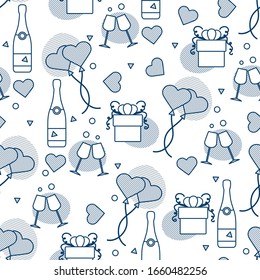 Vector seamless pattern Happy Valentine's Day, Wedding, Birthday, Wedding, Mother's day Father's day Heart shaped balloon, bottle, glasses, hearts, gift. Romantic background Feelings Love Relationship