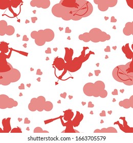 Vector seamless pattern Happy Valentine's Day Cupid shoots bow, angel sits on cloud, looks into a telescope, hearts, arrow Wedding Romance, feelings Love, relationship, dating concept Design for print