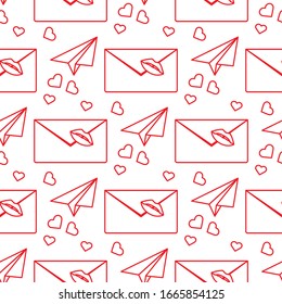 Vector seamless pattern Happy Valentine's Day. Envelope with lipstick kiss, paper airplane, hearts. Love letter. Romantic background. Wedding, feelings. Relationship concept. Design for fabric, print