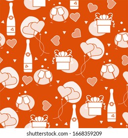 Vector seamless pattern Happy Valentine's Day, Wedding, Birthday, Wedding, Mother's day Father's day Heart shaped balloon, bottle, glasses, hearts, gift. Romantic background Feelings Love Relationship