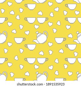 Vector seamless pattern Happy Valentine's Day Kettle, cup of tea, hearts. Romantic background. Love, relationship, dating concept. Greeting card. Design for party card, Illuminating and Ultimate Gray