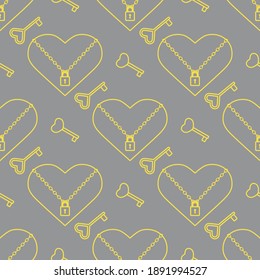 Vector seamless pattern Happy Valentine's Day Heart with chain on the lock, keys. Romantic background. Love, relationship, dating concept. Greeting card. Design Illuminating and Ultimate Gray.