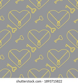 Vector seamless pattern Happy Valentine's Day Heart with chain on the lock, keys. Romantic background. Love, relationship, dating concept. Greeting card. Design Illuminating and Ultimate Gray.