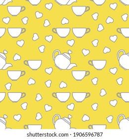 Vector seamless pattern Happy Valentine's Day Kettle, cup of tea, hearts. Romantic background. Love, relationship, dating concept. Greeting card. Design Illuminating and Ultimate Gray.