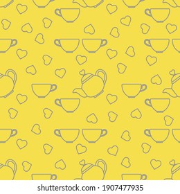 Vector seamless pattern Happy Valentine's Day Kettle, cup of tea, hearts. Romantic background. Love, relationship, dating concept. Greeting card. Design Illuminating and Ultimate Gray.