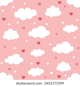 Patrón sin costuras de Vector Patrón feliz del día de San Valentín. nubes lindas gotas corazones románticos y encantadores ilustración de fondo de patrón de Vector sin costuras.