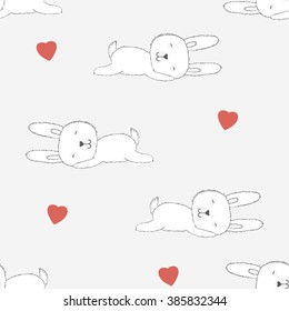 Vector Seamless Pattern. The hare is sleeping on a gray background, heart.  cartoon style.  background for children's bedrooms and pajamas.