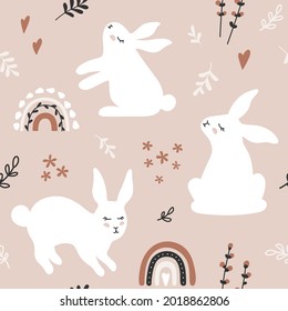 Vector seamless pattern with hares, branches and flowers. Cute cartoon graphic design for paper, textile print, wrapping.