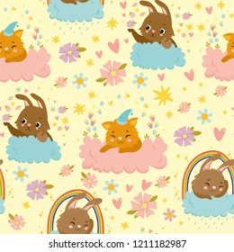 vector seamless pattern with hares and cats on the clouds, magic sky, sunset, rainbow, rain
