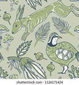 vector  seamless pattern with hares, partriges and plants