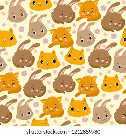 Vector seamless pattern with hares, rabbits and cats. nice cozy texture