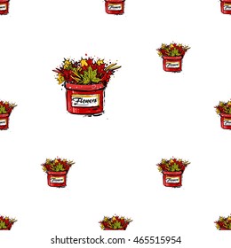 Vector seamless pattern with hat box and leaves bouquet. Background for decoration seasonal celebration, greeting card and banner. Hand drawn symbols on white backdrop.