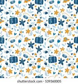 Vector seamless pattern with hat, suitcase, camera, flower, plant, heart. Seamless texture for wallpapers, pattern fills, web page, surface textures. Surface design for baby pajamas or clothes