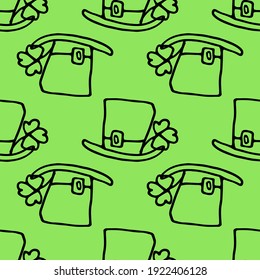vector seamless pattern hat top hat with clover doodle style black line drawn on light green background, square format St. patrick's day design template