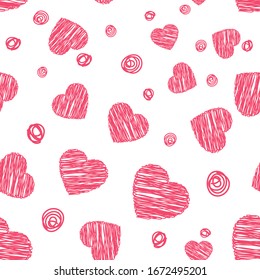 Vector seamless pattern with hatched hearts. Illustration for Valentine's Day. Holiday card with decorative elements. Flat picture. Texture for packaging or textiles.